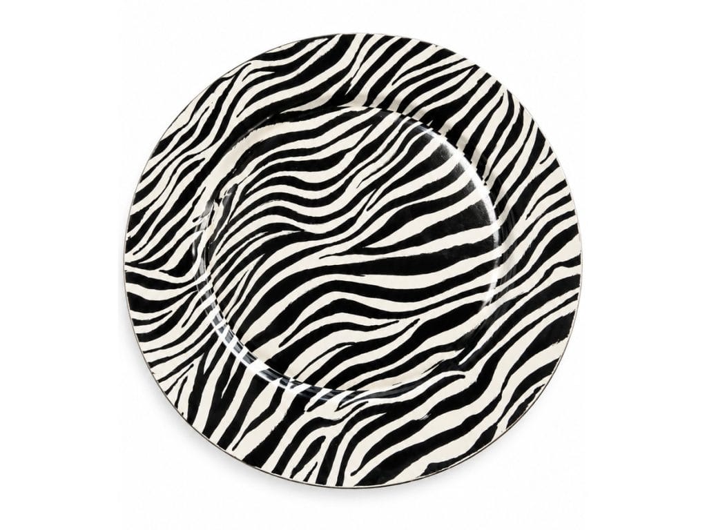 13-inch black and white zebra print charger plate rental in Midland, TX