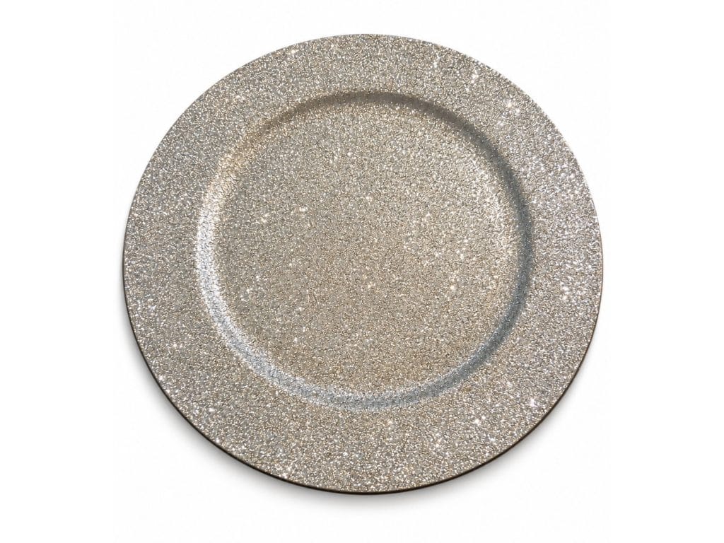 13-inch silver glitter charger plate rental in Midland, TX
