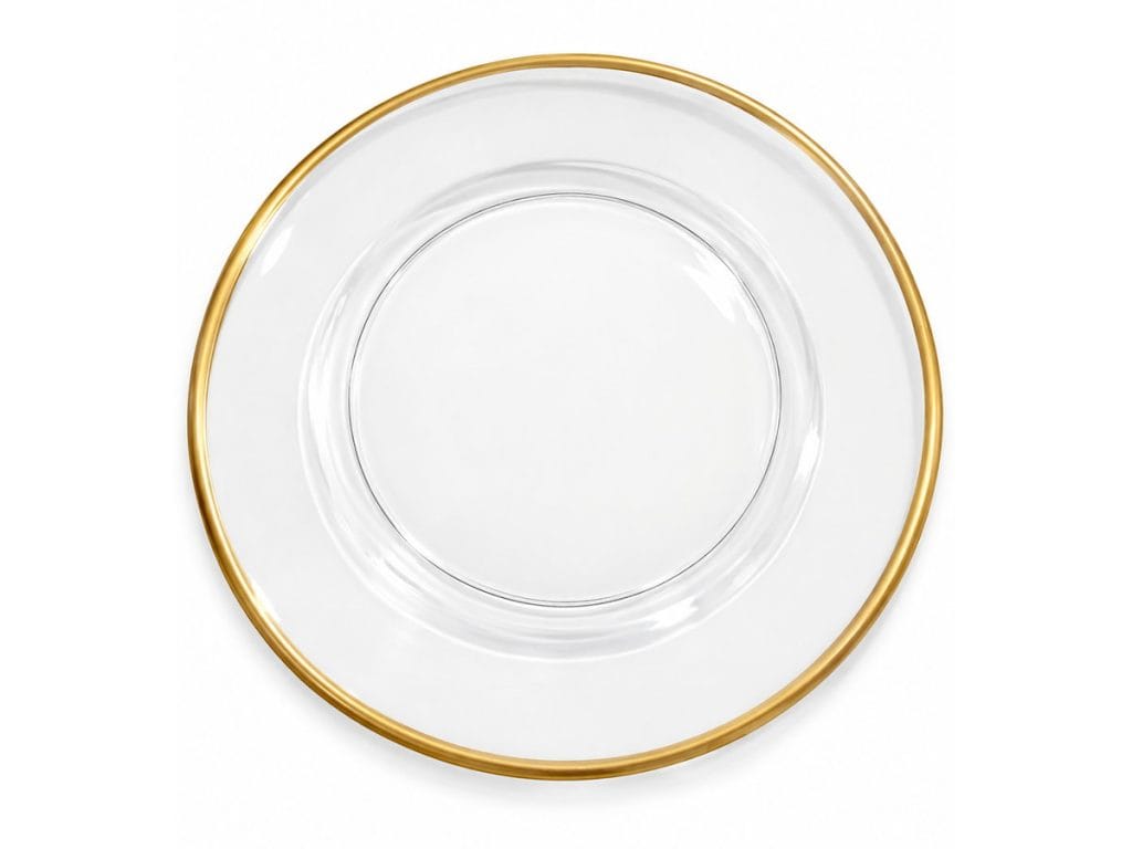 13-inch clear charger plate with a gold rim rental in Midland, TX