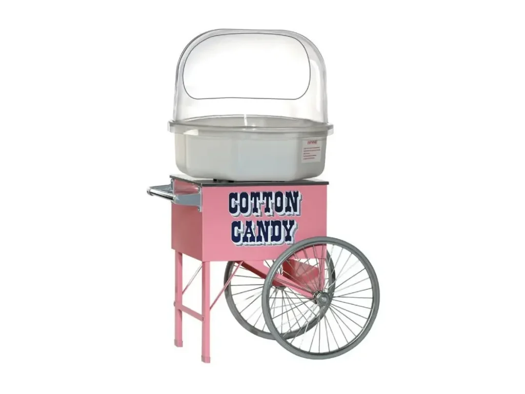 Pink cotton candy cart machine with a domed spinner and wagon wheels