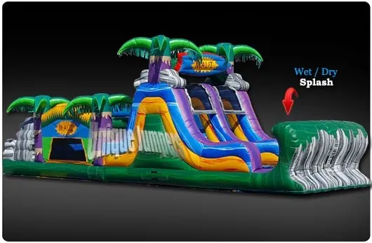 40-foot inflatable tropical obstacle course set up on an open property near Greenwood, TX