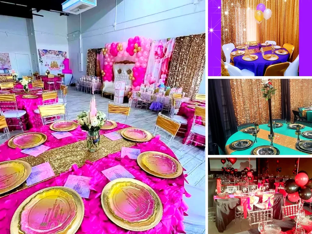 Decorated party tables with charger plates and centerpieces
