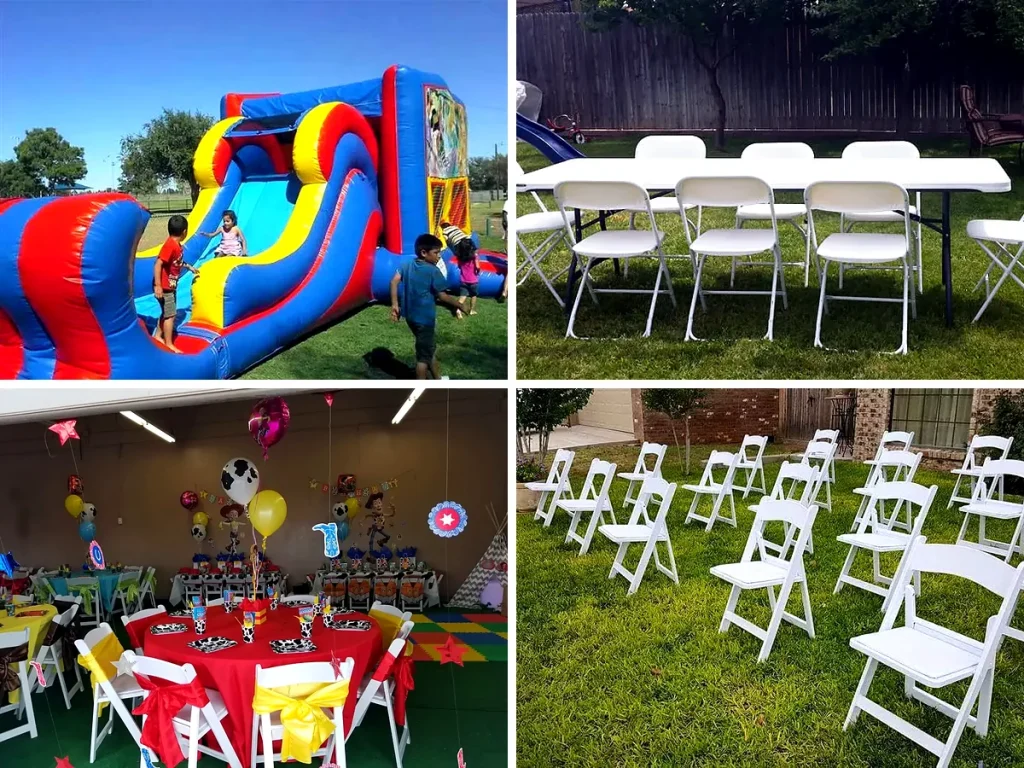 Party package with a bounce house, tables and chairs