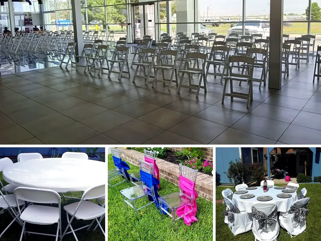 Tables, chairs and linens set up by MDG Party Rentals