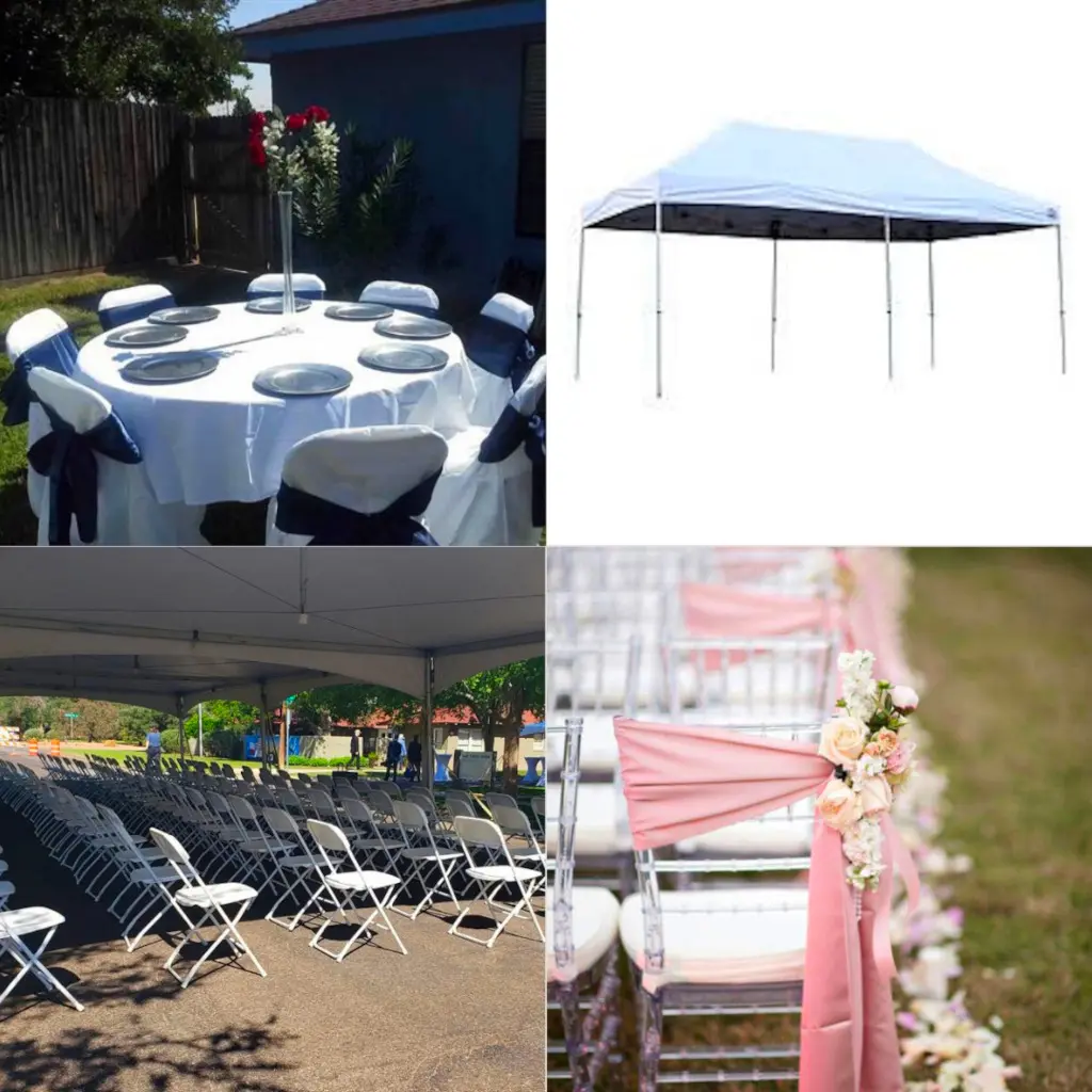 Tables, chairs, and a canopy tent set up for a Greenwood, TX party rental